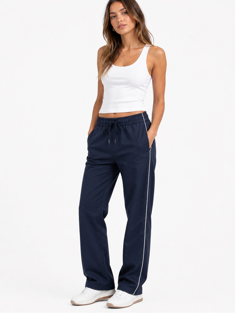 NWT Navy Wildfang The Essential Piped Drawstring Pant Straight Leg Sz XL